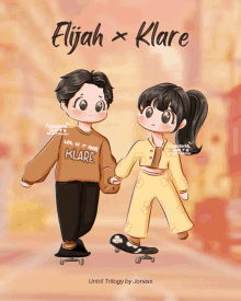 a drawing of a boy and a girl holding hands with the title elijah x klare