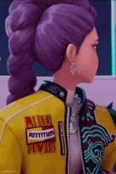 a cartoon girl with purple hair is wearing a yellow jacket with a patch that says " rhythm " on it