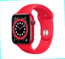 an apple watch with a red band shows the time as 3:06