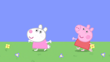 two peppa pigs standing next to each other in a grassy field