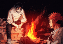 a drawing of two men sitting around a campfire