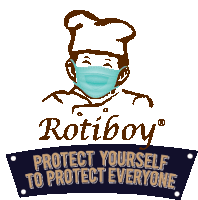 a logo for rotiboy shows a chef wearing a mask