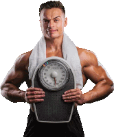 a man with a towel around his neck is holding a scale that shows a weight of 230 pounds