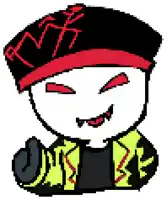 a pixel art drawing of a person wearing a black and red hat and a yellow jacket .