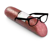 a sausage with glasses and a label that says ' swiss beef ' on it