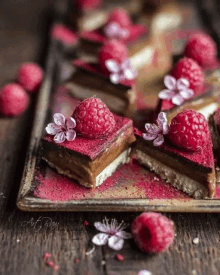 a close up of a dessert with raspberries and flowers on a wooden tray .