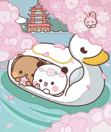 a cartoon drawing of a duck and two bears in a boat