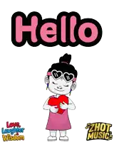 a cartoon of a girl holding a heart with the words hello behind her