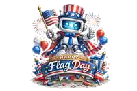 an illustration of a robot holding an american flag and the words happy flag day
