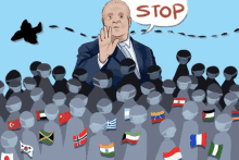 a cartoon of a man with a stop speech bubble above him