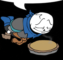 a cartoon drawing of a skeleton laying on the ground next to a pie