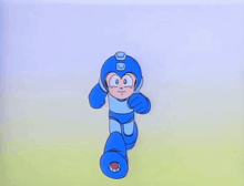 a cartoon character with a blue helmet and blue gloves