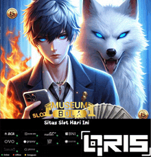 a poster of a man holding a phone next to a white wolf