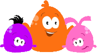 three cartoon characters are standing next to each other with one being orange