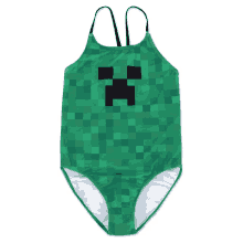 a green minecraft swimsuit has a creeper on it