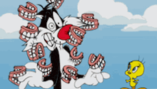 a cartoon of sylvester and tweety with a lot of teeth coming out of their mouths