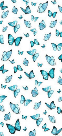 a bunch of blue butterflies on a white background