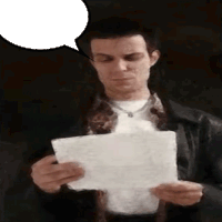 a man is holding a piece of paper with a speech bubble above him