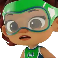 a close up of a cartoon character wearing green goggles