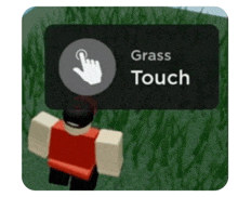 a person in a red shirt is touching a grass touch button in a video game