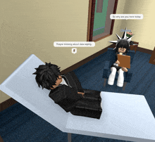 a man laying on a bed talking to a girl who is sitting on a chair