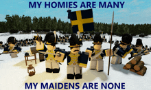 a poster that says " my homies are many my maidens are none " on it