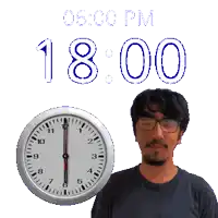 a man wearing glasses stands in front of a clock that says 18:00