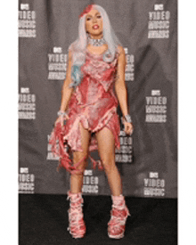 a woman wearing a dress that looks like a piece of meat