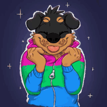 a drawing of a dog wearing a pink green and blue jacket