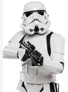 a storm trooper is holding a gun and wearing a helmet