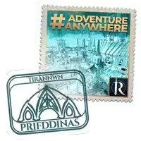 a postage stamp that says adventure anywhere is next to a postage stamp that says prifddinas