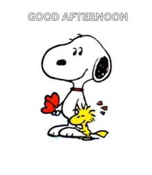 a cartoon of snoopy and woodstock with the words good afternoon written below them