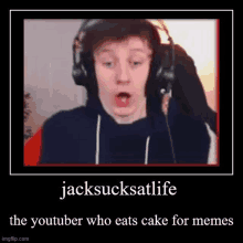 a man wearing headphones is making a funny face while eating cake for memes .