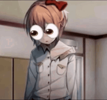 a girl with big eyes is standing in a room with a bow on her head .