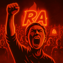 a man is raising his fist in the air with the word ra glowing in the background