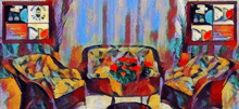 a painting of a living room with chairs and a table