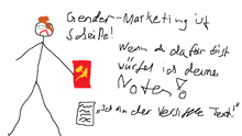 a drawing of a stick figure holding a red book says gender-marketing