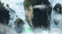 a group of floating islands with trees and clouds