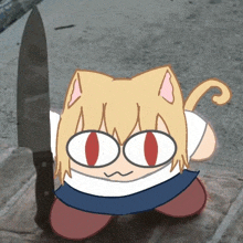 a cartoon cat is holding a large knife on a sidewalk .