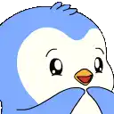 a blue and white penguin with a yellow beak is covering its face with its hand .