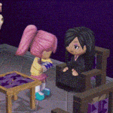 a girl with pink hair is standing next to a girl in a black chair