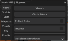 a screenshot of the hawk hub skywars app , which allows you to collect coins and circle attacks .