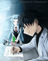 a drawing of a man writing on a piece of paper while a woman stands behind him