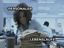 a woman is sitting at a desk with a stack of papers and the words personaler and lebenslaufe written on the bottom