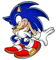 a cartoon drawing of sonic the hedgehog wearing red and white shoes and gloves