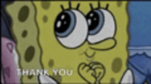 a cartoon of spongebob saying thank you with a heart in his hand