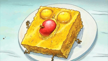 a cartoon drawing of a spongebob squarepants toast with an apple in it .