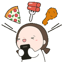 a cartoon drawing of a girl holding a cell phone surrounded by food items