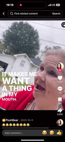 a screenshot of a tiktok video that says ' makes me want a thing in my mouth ' on it