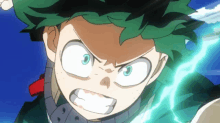 a close up of a anime character with green hair